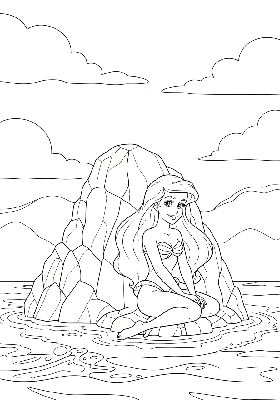 Desenho da Ariel sentada na rocha para colorir