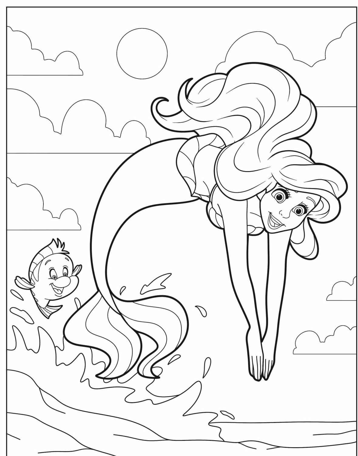 Desenho da Ariel mergulhando no mar para colorir