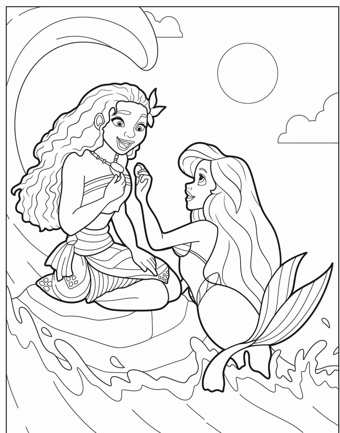 Desenho da Ariel com amiga na praia para colorir