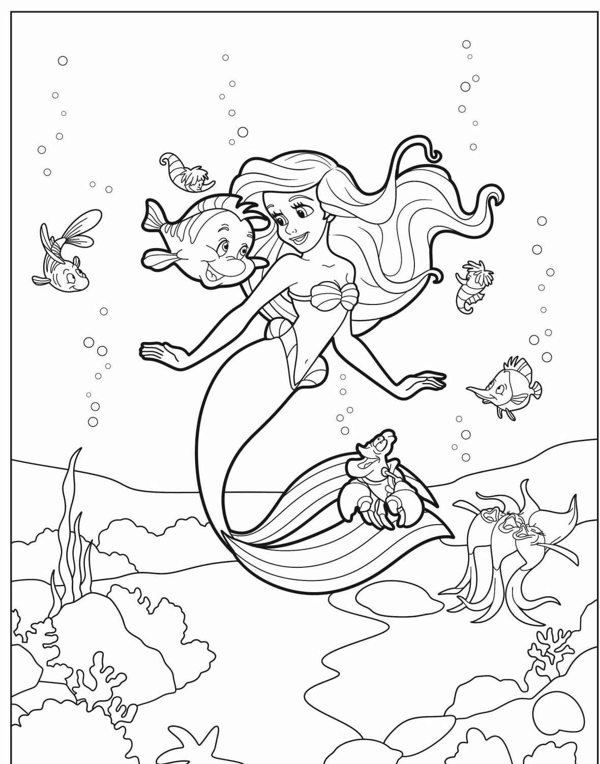 Desenho da Ariel com peixes no fundo do mar para colorir