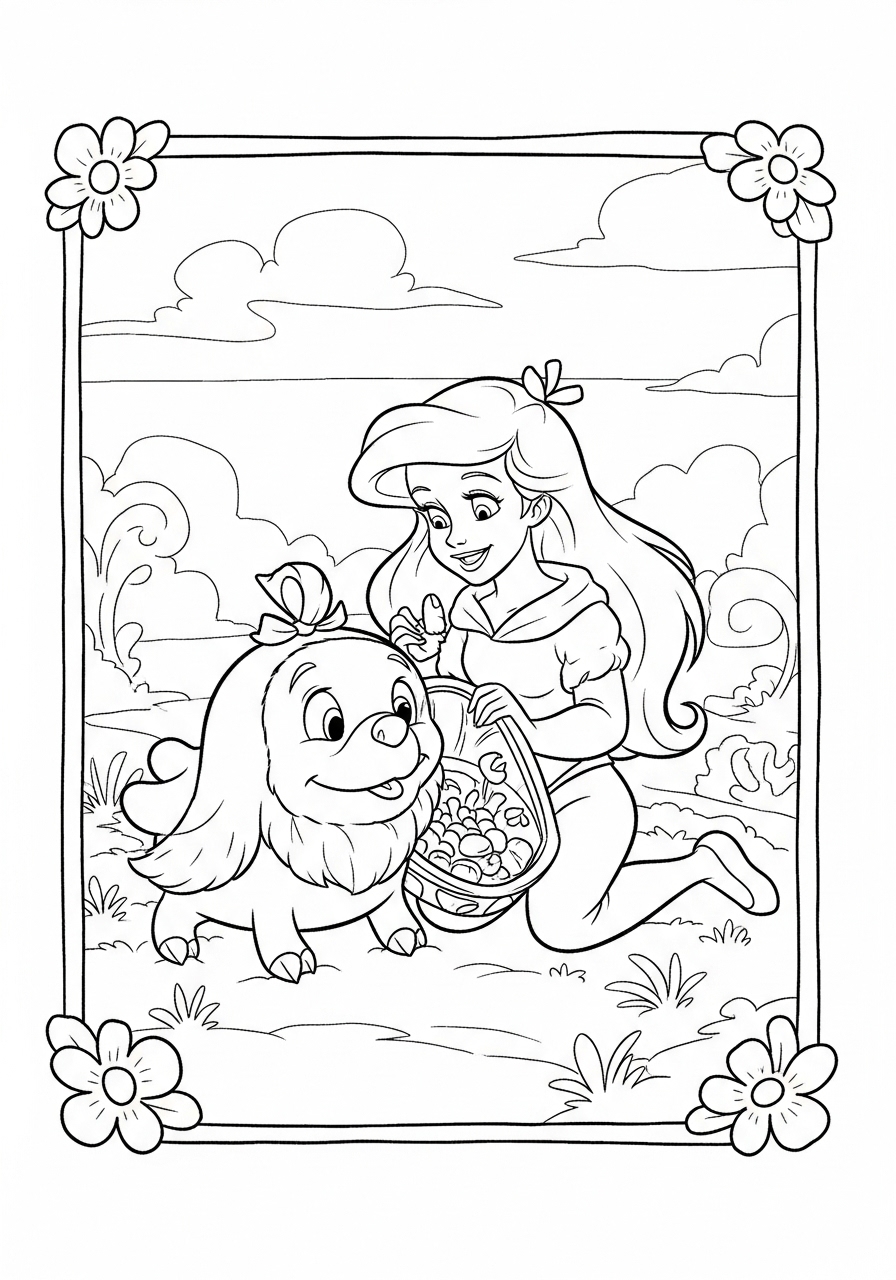 Desenho da Ariel fofa com animal amigo para colorir
