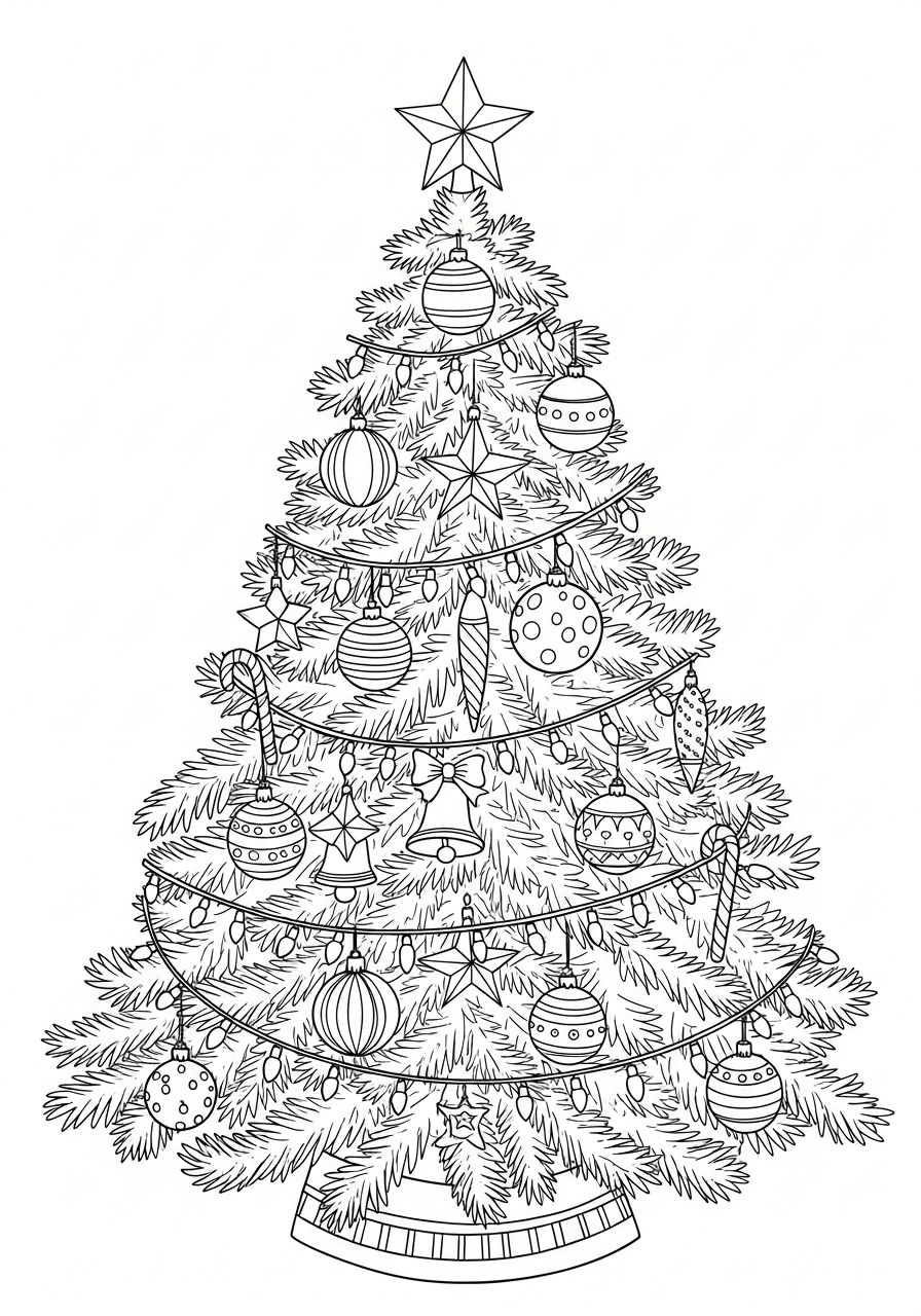 Desenho da Árvore de Natal com enfeites e uma estrela
