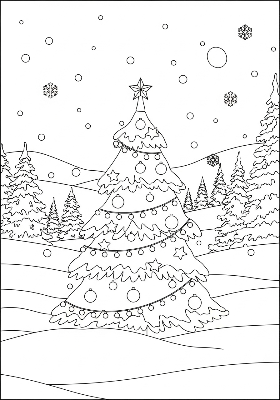 Desenho da Árvore de Natal em paisagem de inverno para colorir