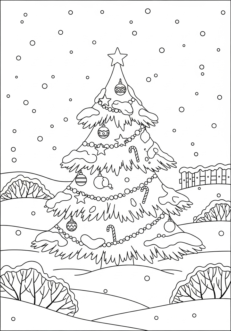 Desenho da Árvore de Natal coberta de neve para colorir
