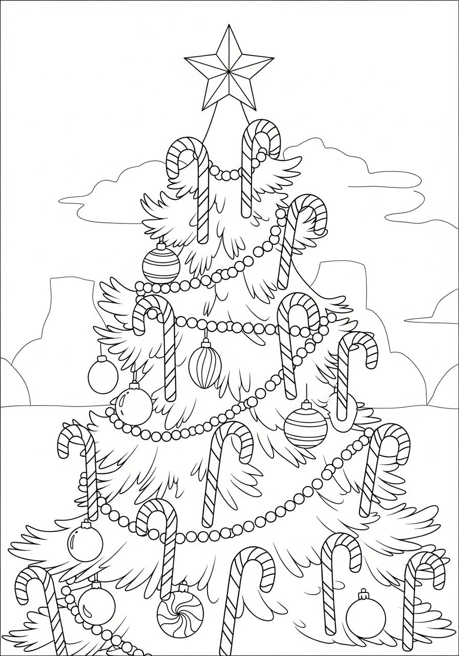 Desenho da Árvore de Natal com enfeites e doces para colorir