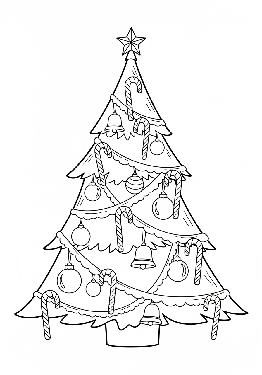 Desenho da Árvore de Natal com enfeites e doces para colorir