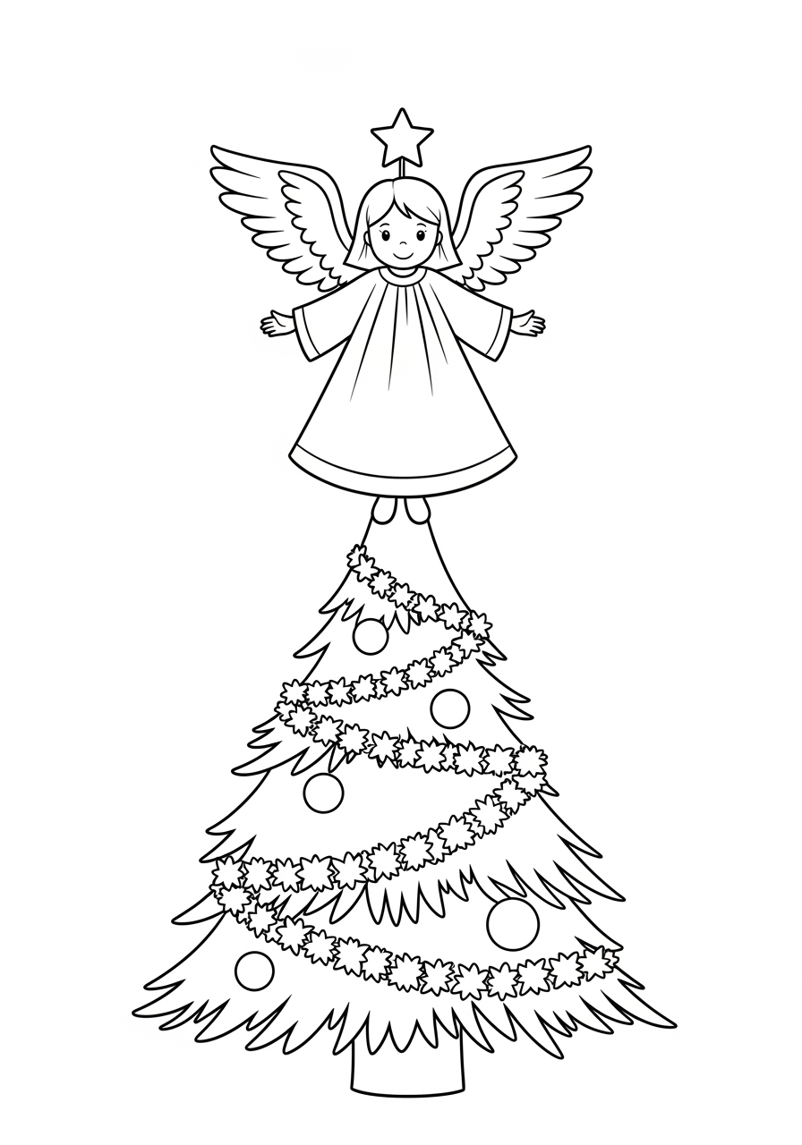 Desenho da Árvore de Natal com anjo no topo para colorir