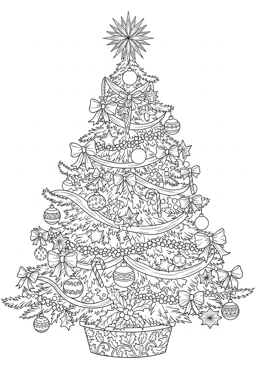 Desenho da Árvore de Natal com enfeites e laços para colorir
