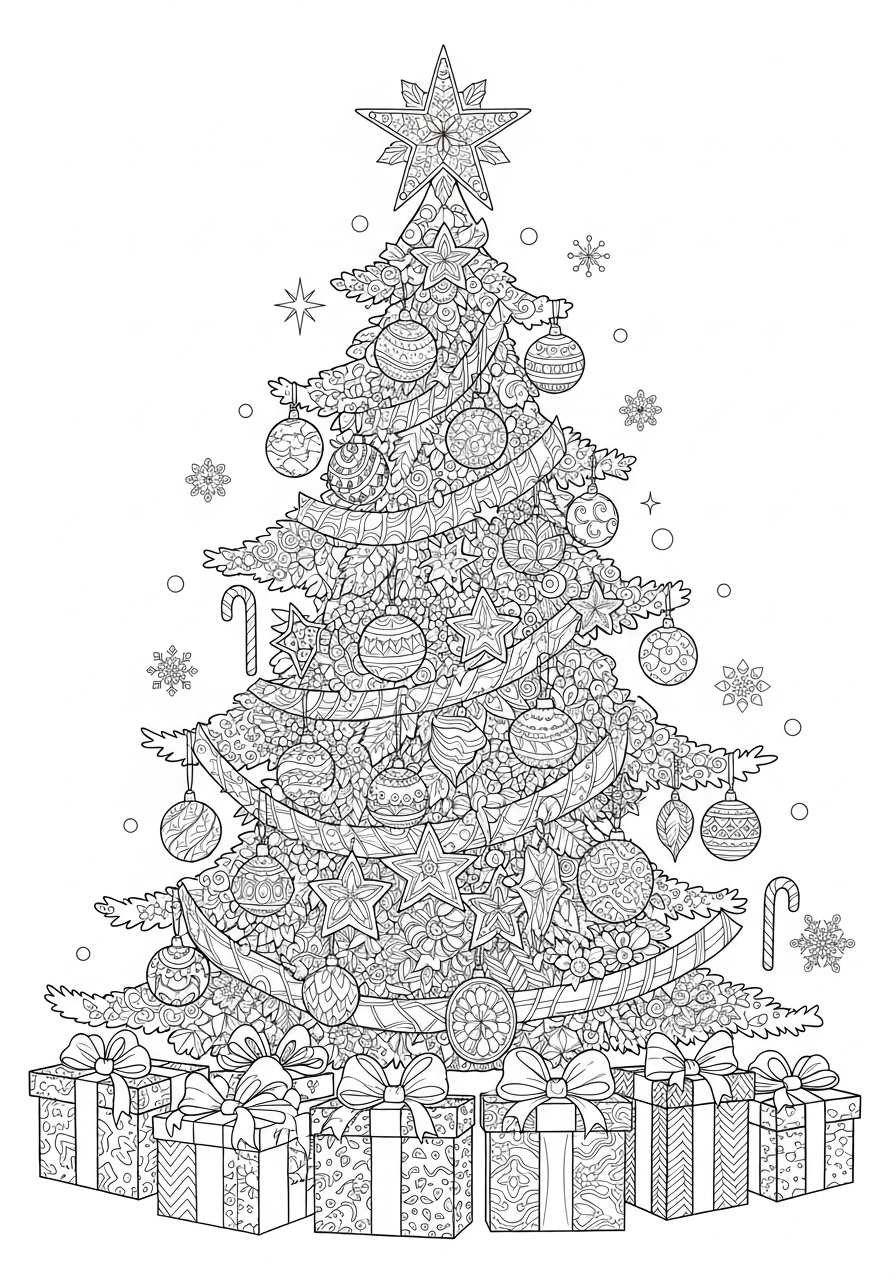 Desenho da Árvore de Natal com enfeites e presentes para colorir