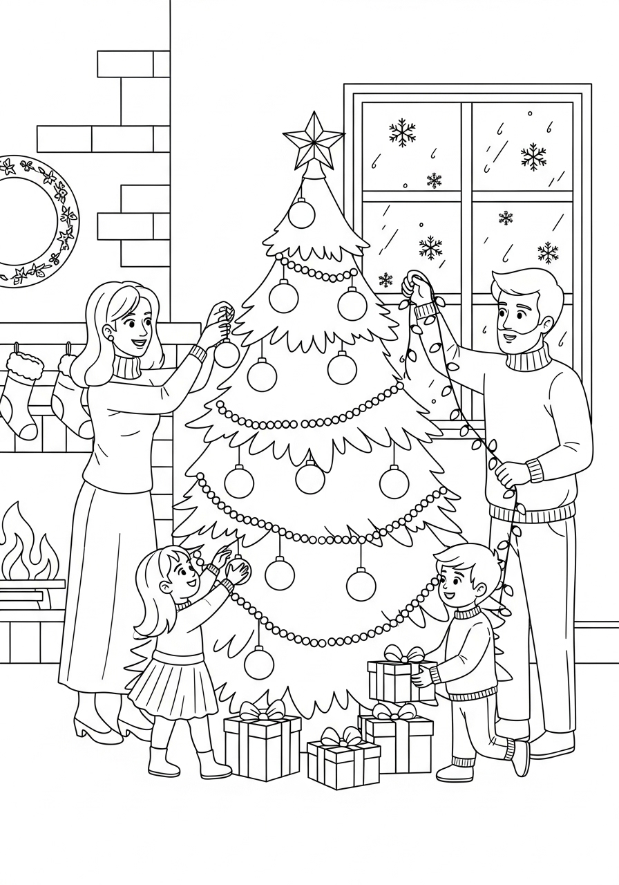 Desenho da Árvore de Natal com família decorando para colorir