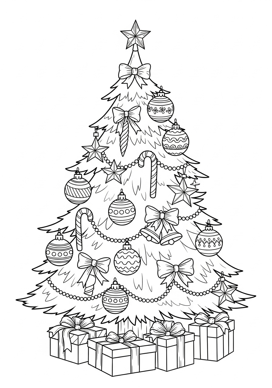 Desenho da Árvore de Natal com enfeites e presentes para colorir