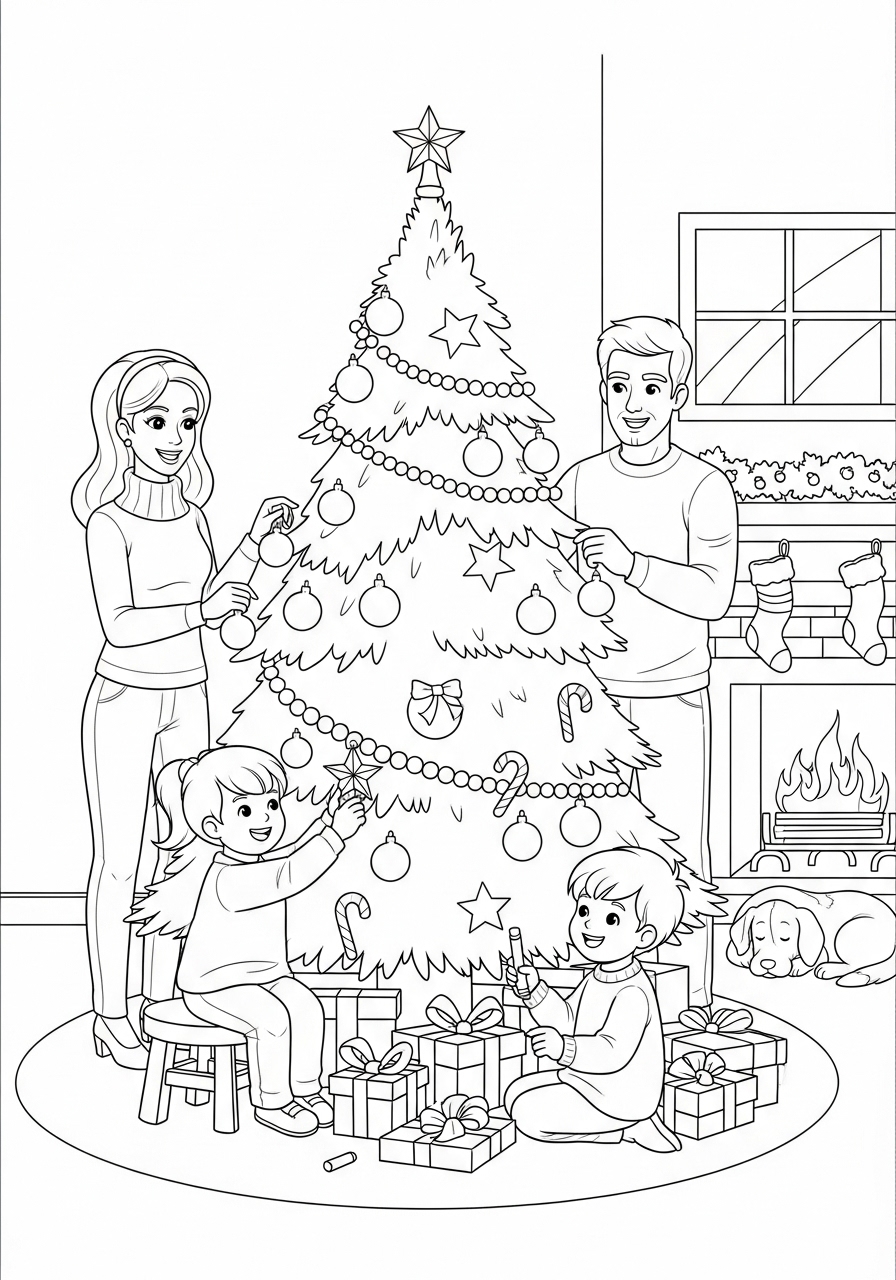 Desenho da Árvore de Natal com família decorando para colorir