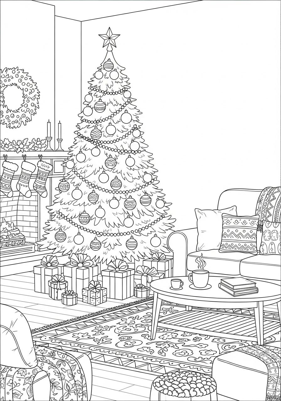 Desenho da Árvore de Natal decorada com presentes para colorir