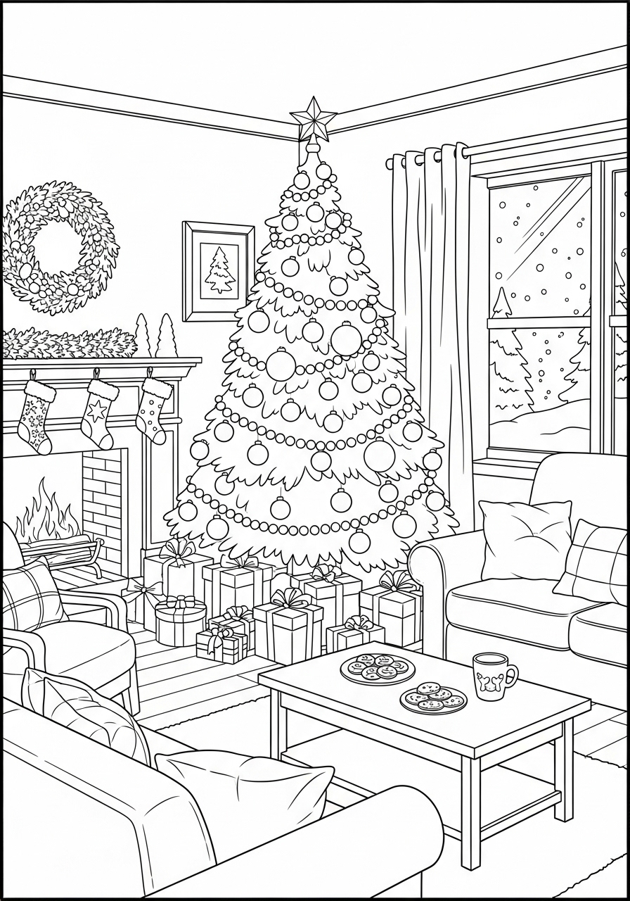 Desenho da Árvore de Natal decorada com presentes para colorir