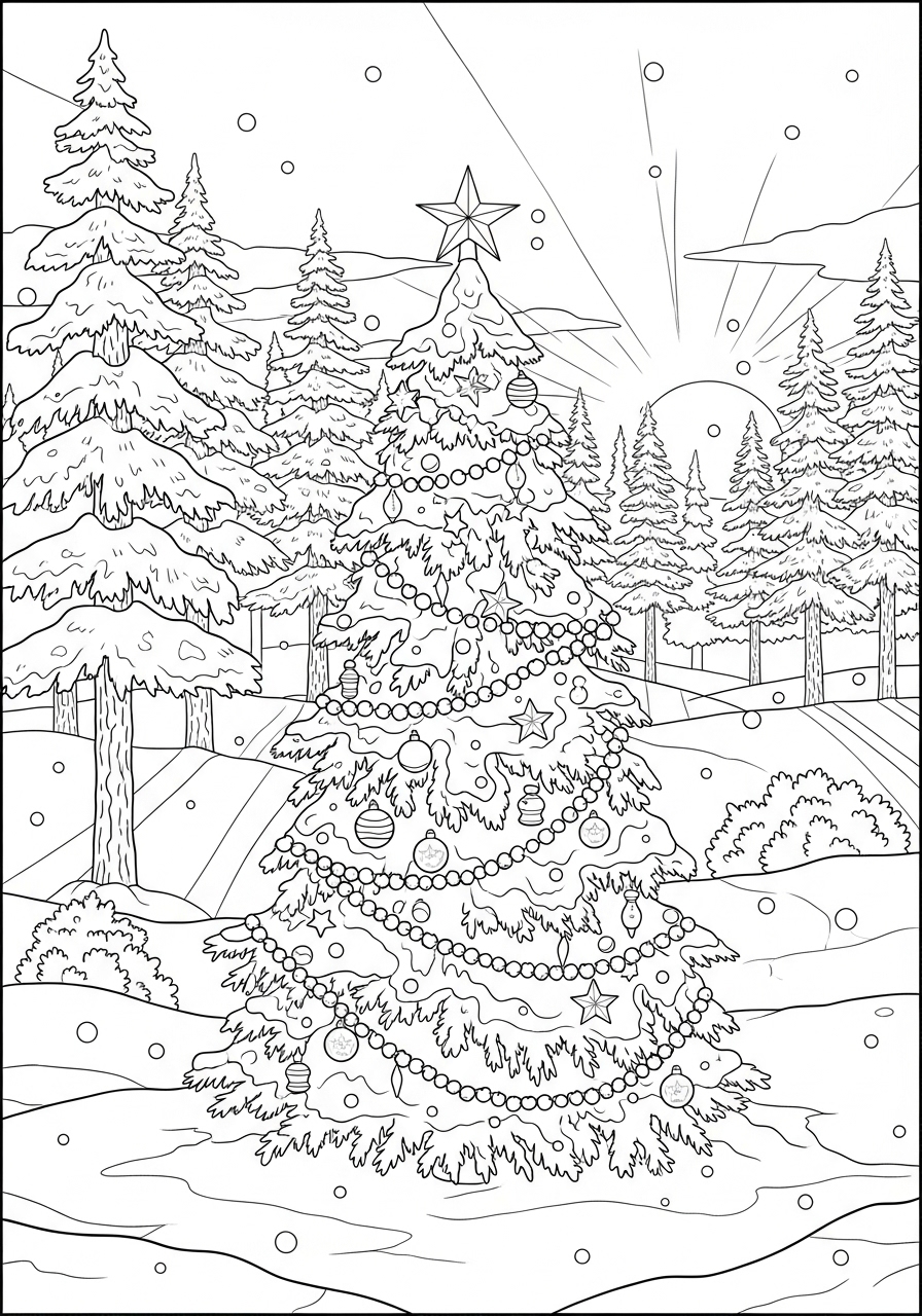 Desenho da Árvore de Natal coberta de neve e enfeites para colorir