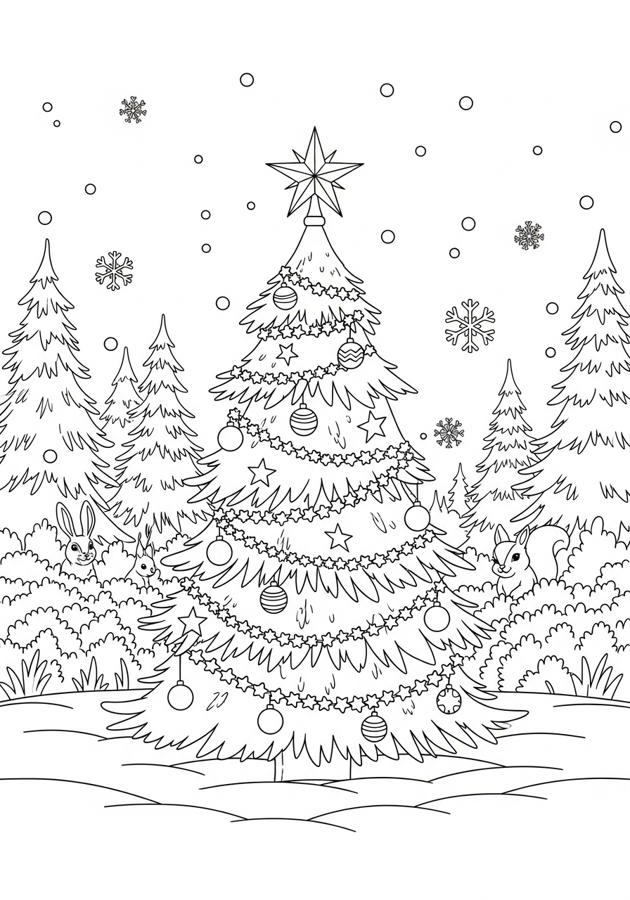 Desenho da Árvore de Natal decorada com estrelas para colorir