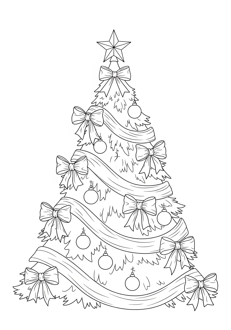 Desenho da Árvore de Natal decorada com laços e enfeites