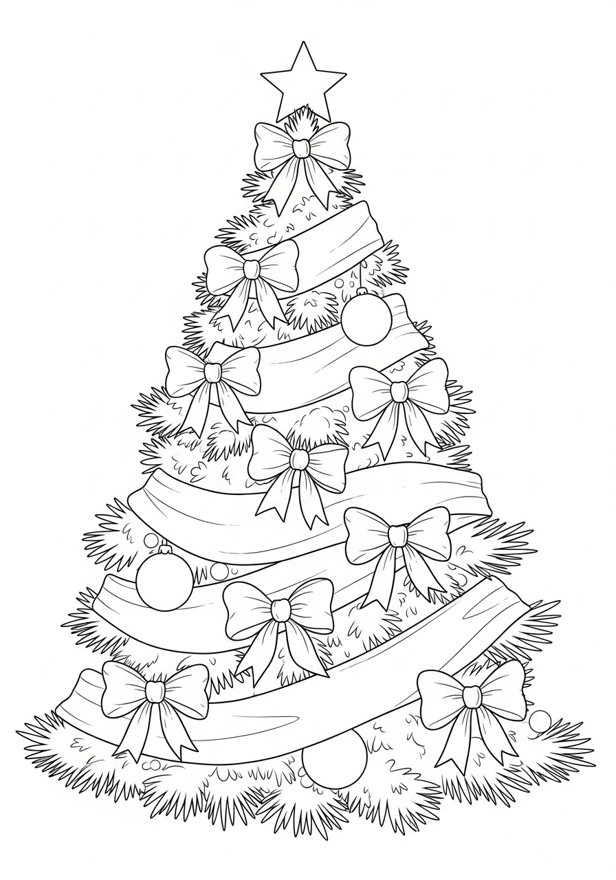 Desenho da Árvore de Natal com laços e enfeites para colorir