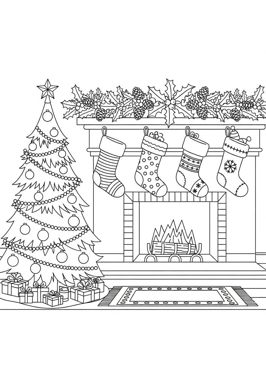 Desenho da Árvore de Natal com lareira e meias para colorir