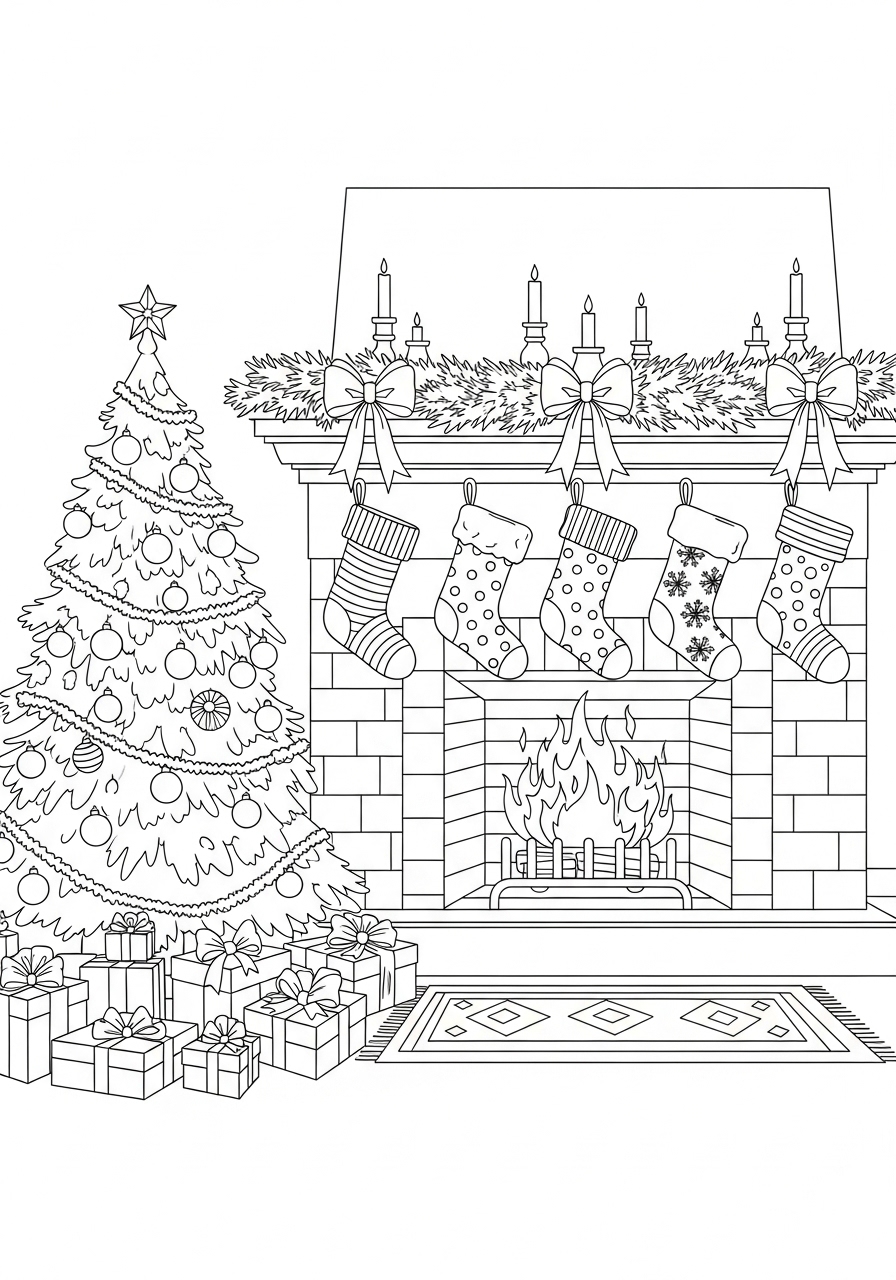 Desenho da Árvore de Natal com laços e muitos presentes