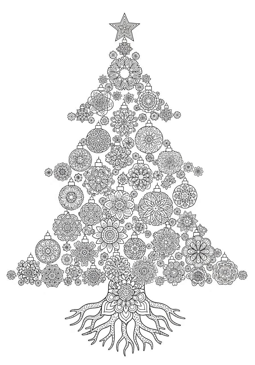 Desenho da Árvore de Natal decorada com flores para colorir