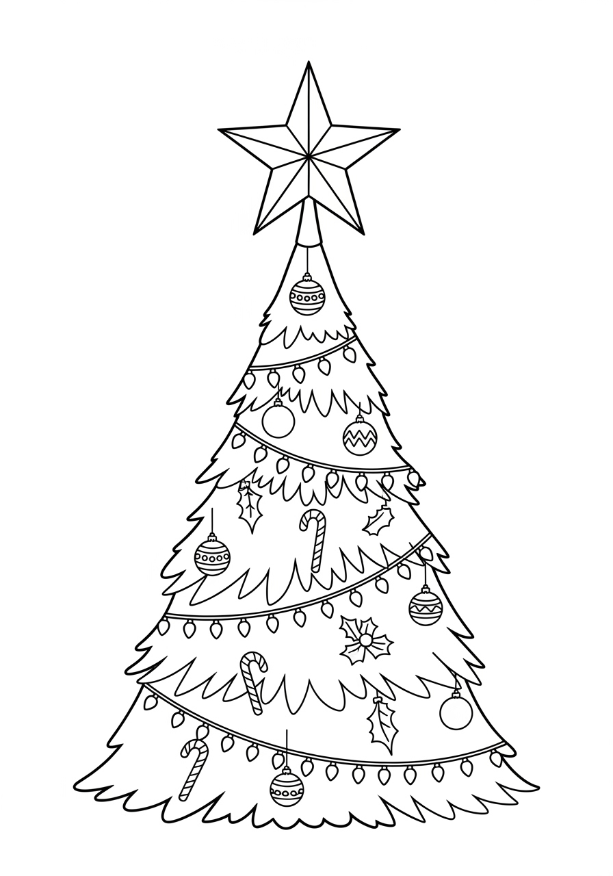Desenho da Árvore de Natal decorada com enfeites para colorir