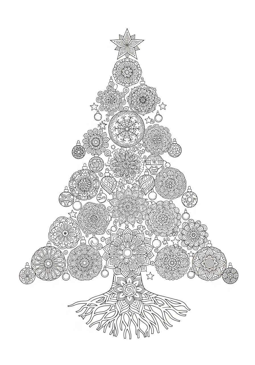 Desenho detalhado da Árvore de Natal com enfeites para colorir