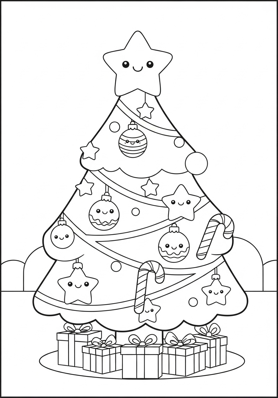 Desenho da Árvore de Natal com enfeites e presentes para colorir