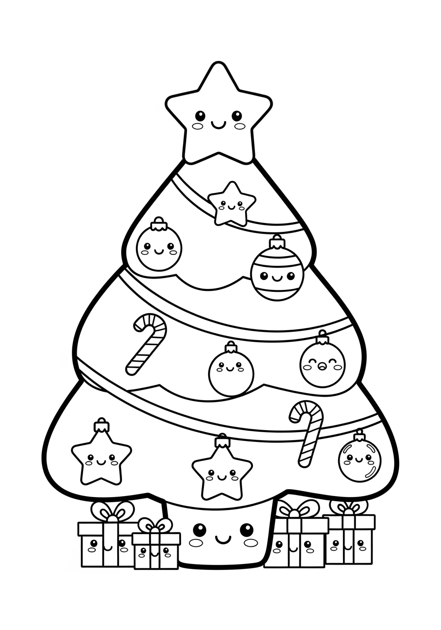 Desenho da Árvore de Natal com enfeites e presentes para colorir