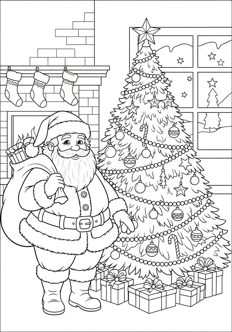 Desenho da Árvore de Natal com Papai Noel e presentes para colorir