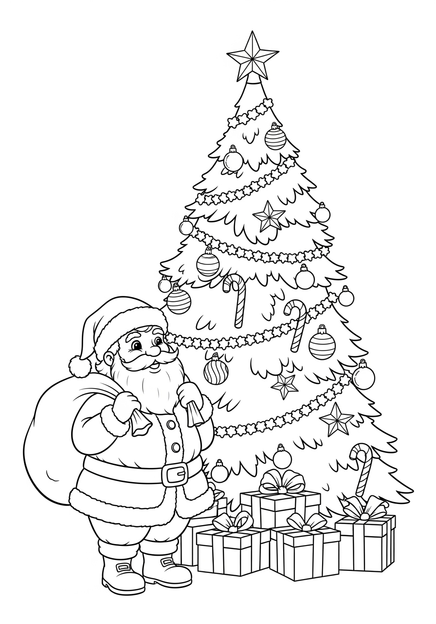 Desenho da Árvore de Natal com o Papai Noel e presentes