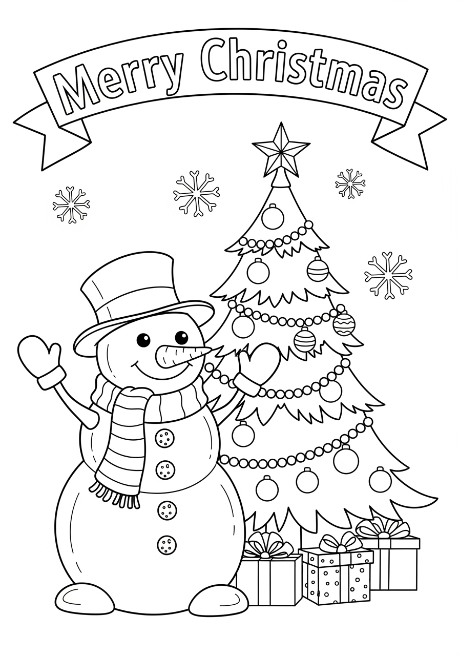 Desenho de um boneco de neve e árvore de Natal para colorir