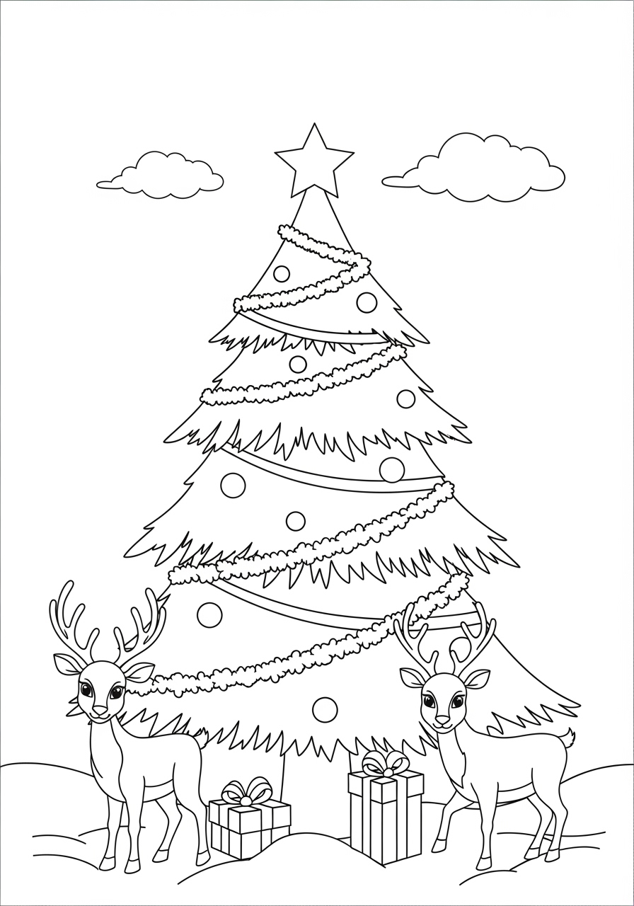 Desenho da Árvore de Natal com renas e presentes para colorir