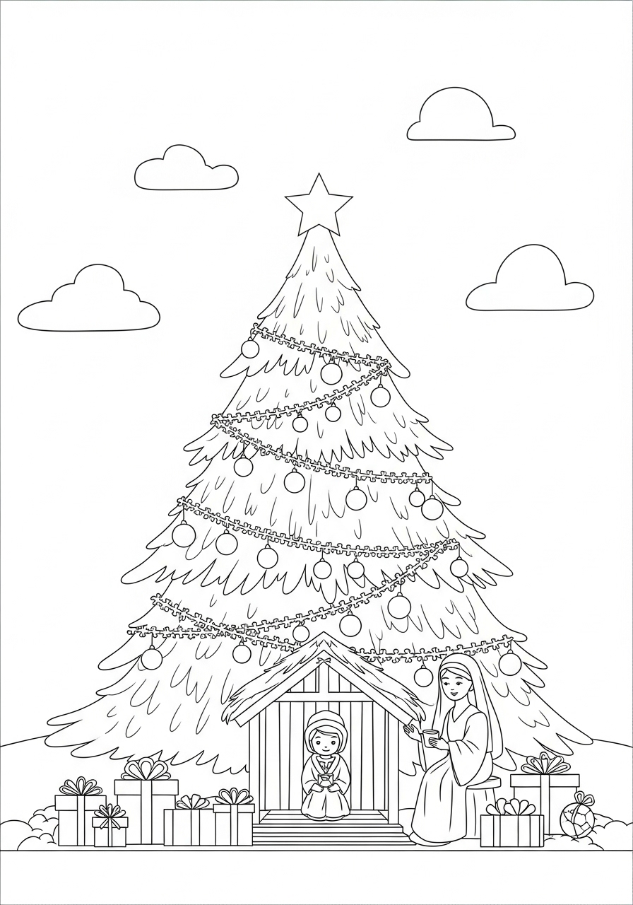 Desenho da Árvore de Natal com presépio e presentes para colorir