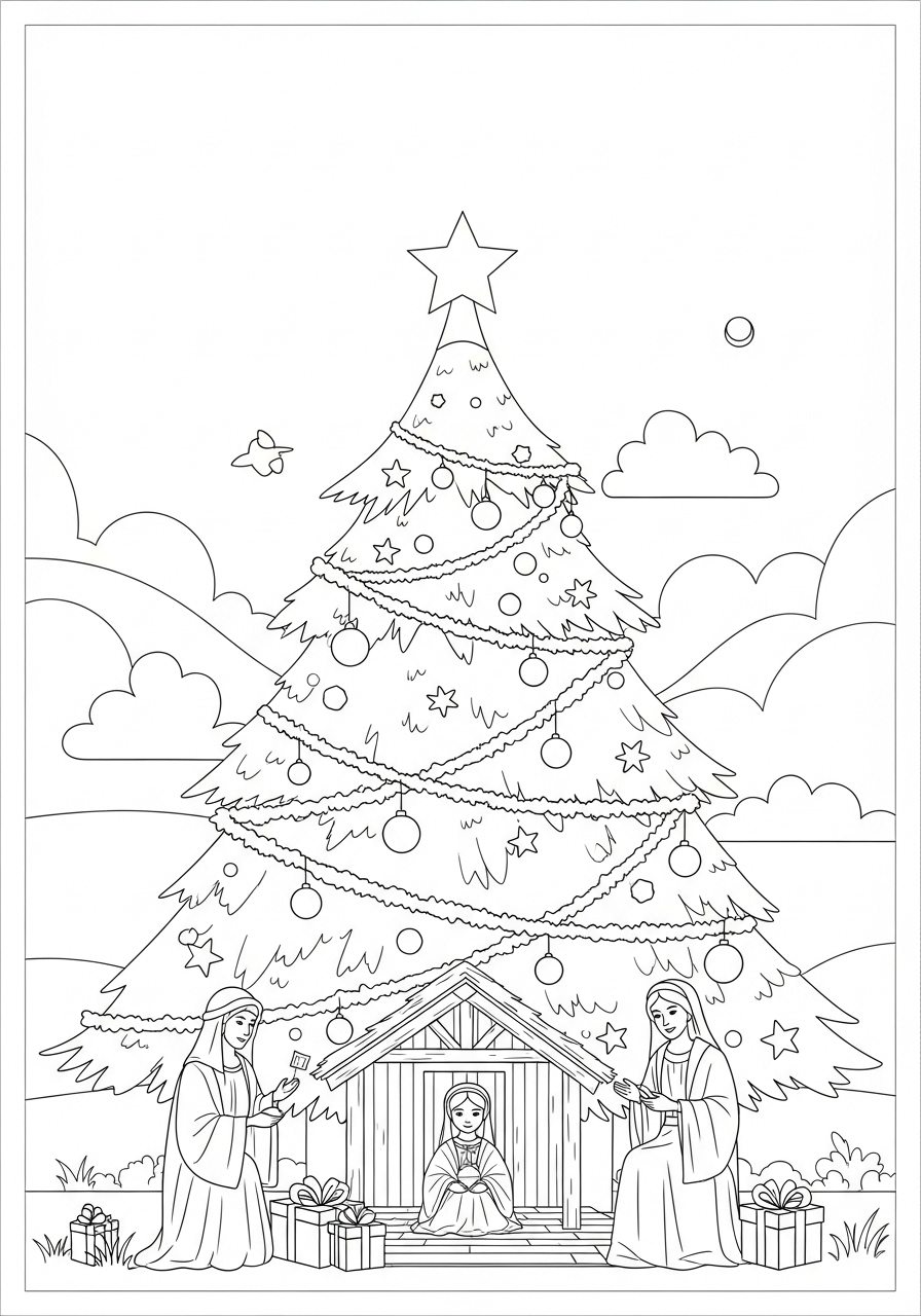 Desenho da Árvore de Natal com figuras na parte inferior