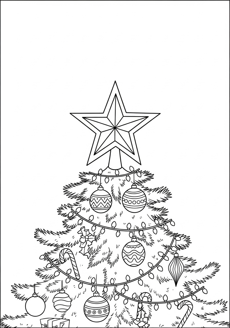 Desenho da Árvore de Natal com enfeites e estrela para colorir
