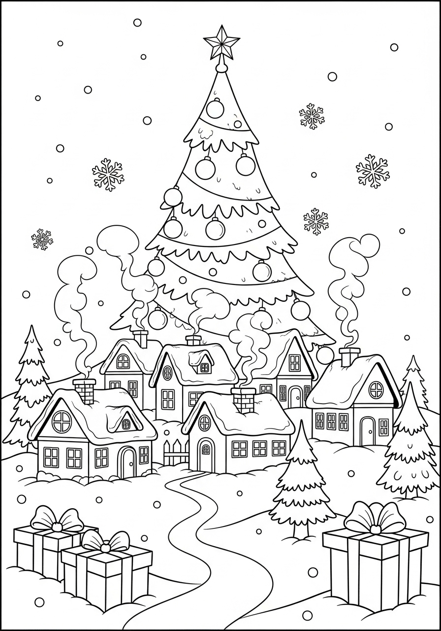 Desenho da Árvore de Natal com casas e presentes para colorir