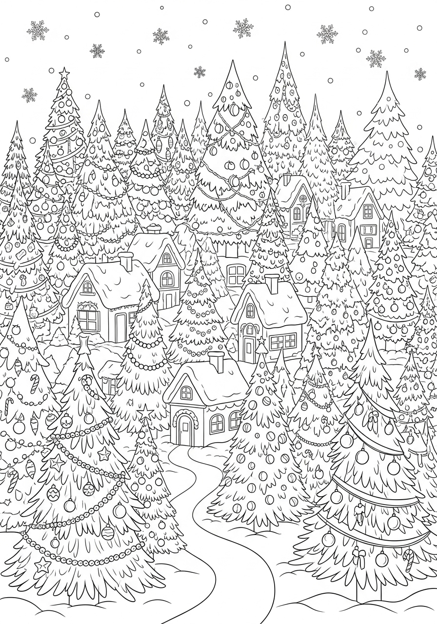Desenho de uma floresta com árvores de Natal para colorir