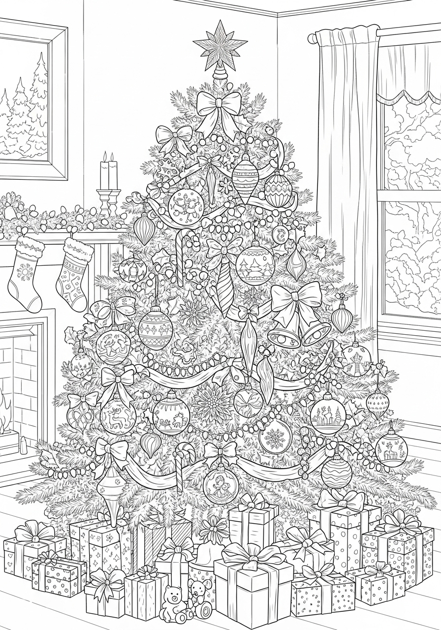 Desenho da Árvore de Natal decorada com presentes para colorir