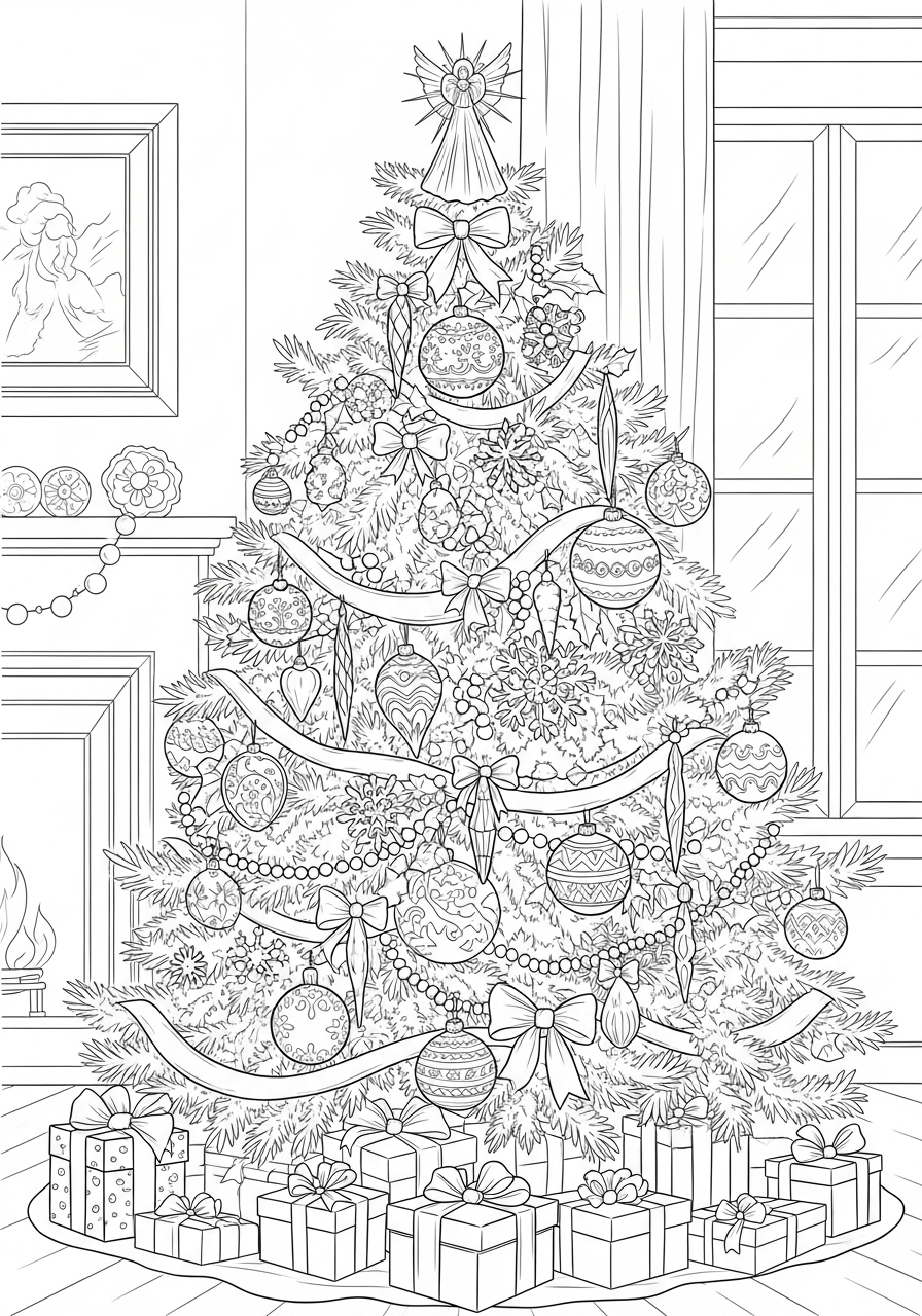 Desenho da Árvore de Natal decorada e cheia de presentes para colorir