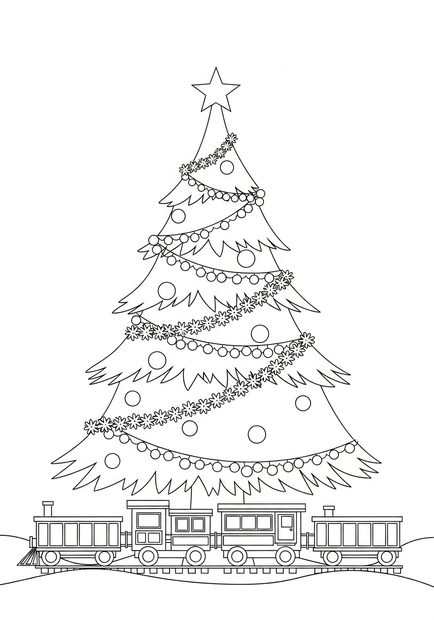 Desenho da Árvore de Natal com um trem na base para colorir