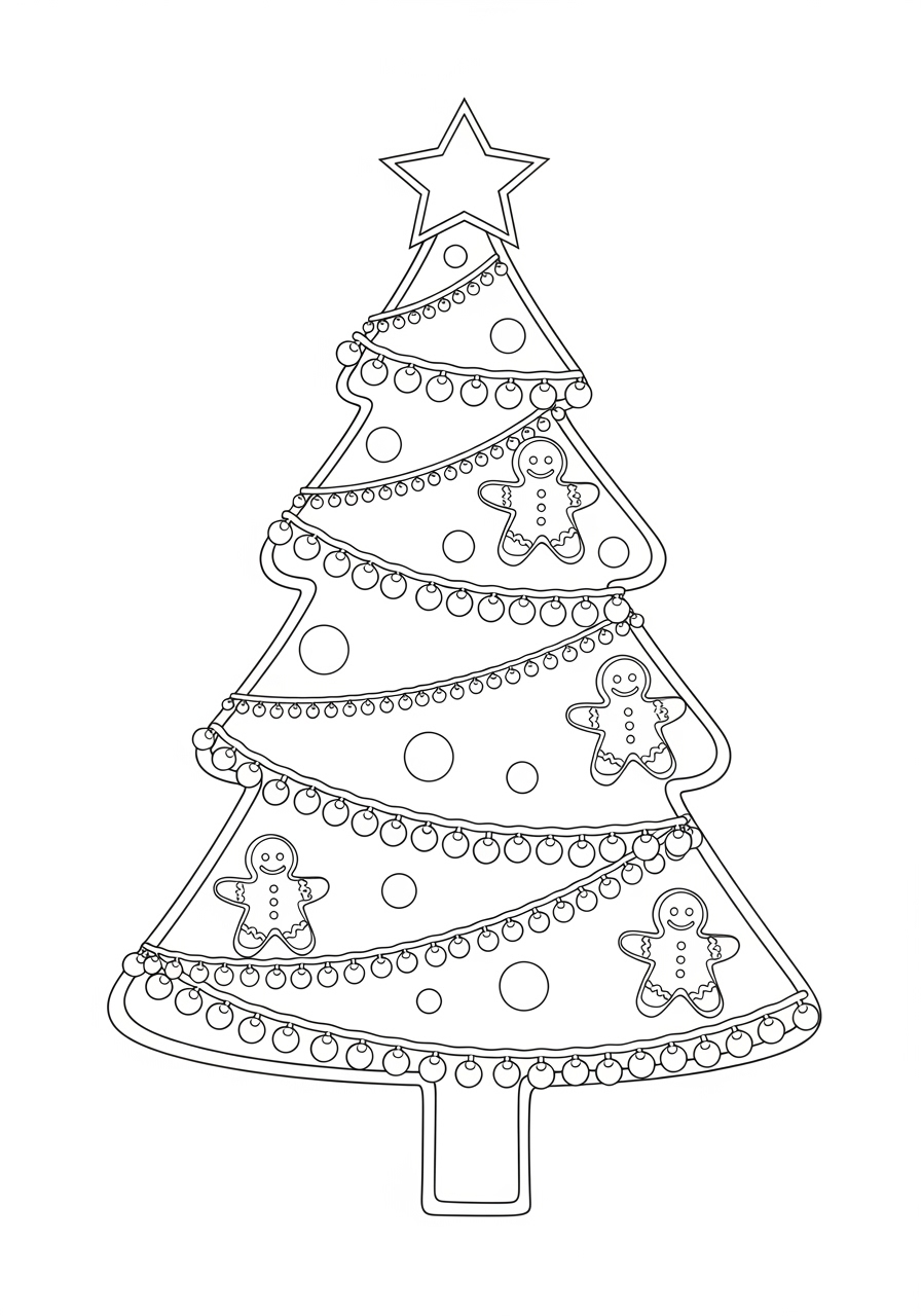 Desenho da Árvore de Natal adornada com biscoitos para colorir