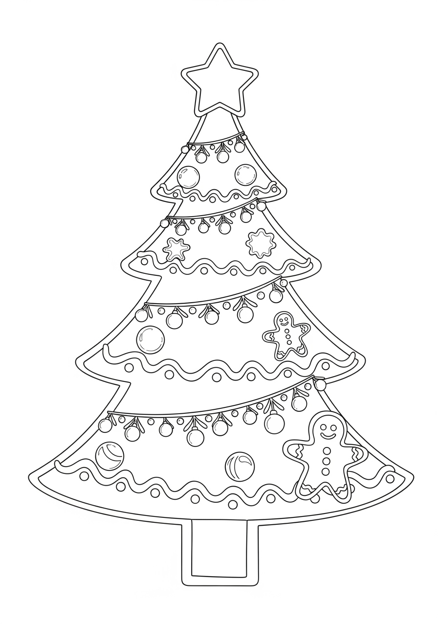 Desenho da Árvore de Natal decorada com enfeites e biscoitos
