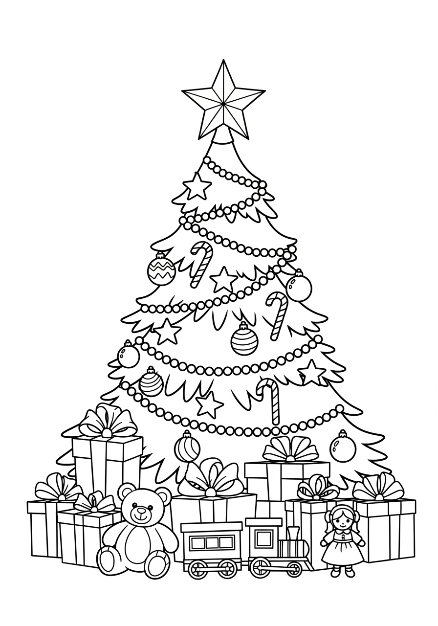 Desenho da Árvore de Natal cheia de brinquedos e presentes