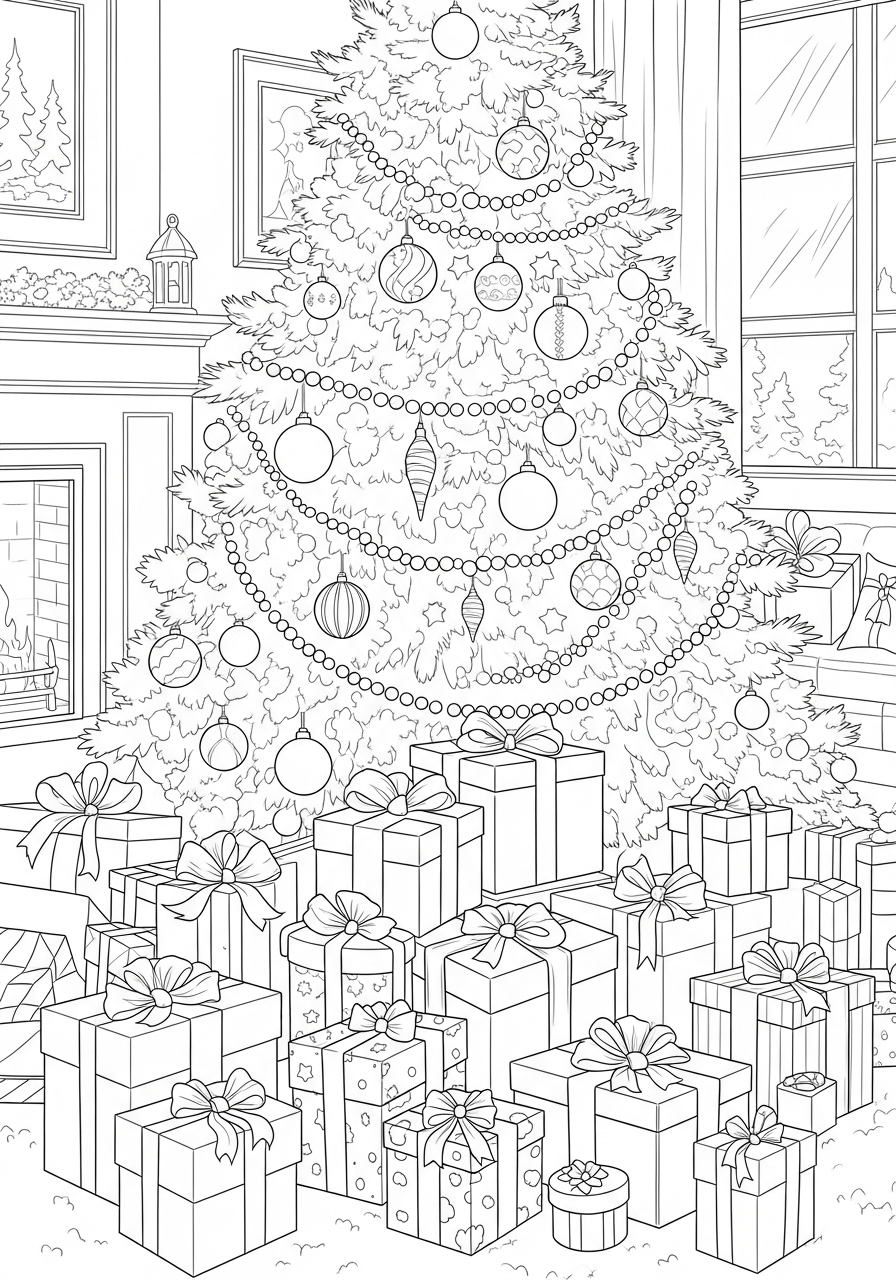 Desenho da Árvore de Natal com presentes embaixo para colorir