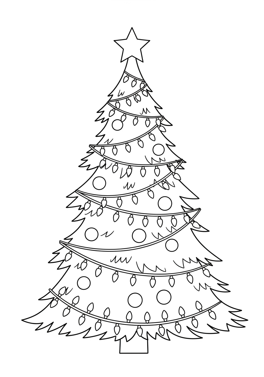 Desenho da Árvore de Natal com luzes e enfeites para colorir