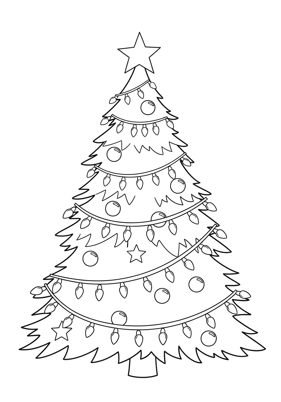 Desenho da Árvore de Natal enfeitada com luzes para colorir