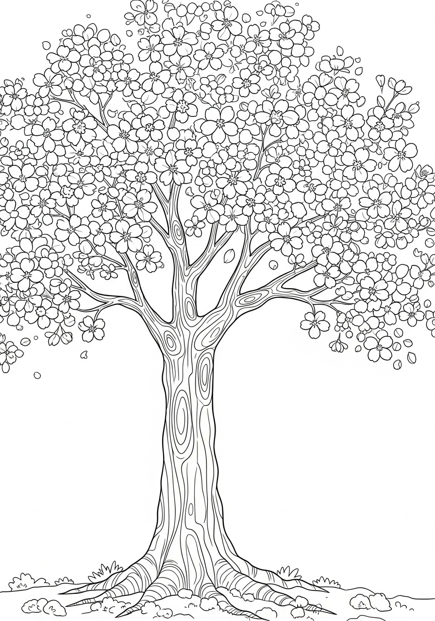 Desenho de Árvore com flores detalhadas para colorir