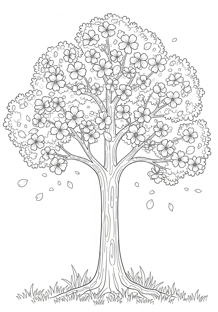 Desenho de Árvore com flores e folhas para colorir