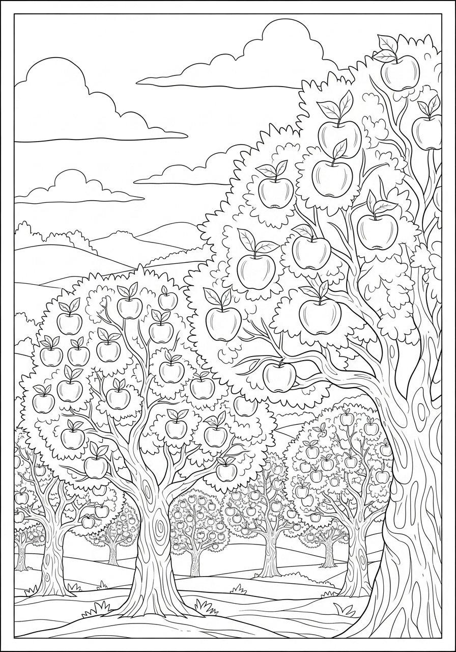 Desenho de Árvore carregada de maçãs para colorir